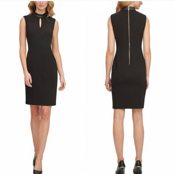 Calvin Klein Dresses & Skirts - NWT Calvin Klein Mock Neck Faux Leather Trim Keyhole Sheath Dress Black …